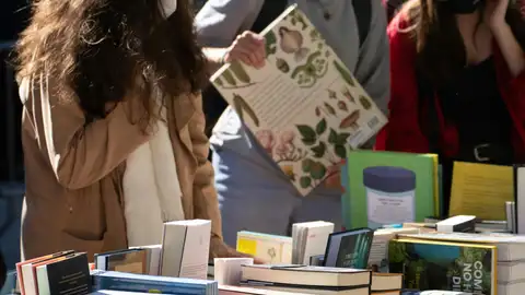 Ciudadanos en las paradas de venta de Sant Jordi. Ciudadanos en las paradas de venta de Sant Jordi.