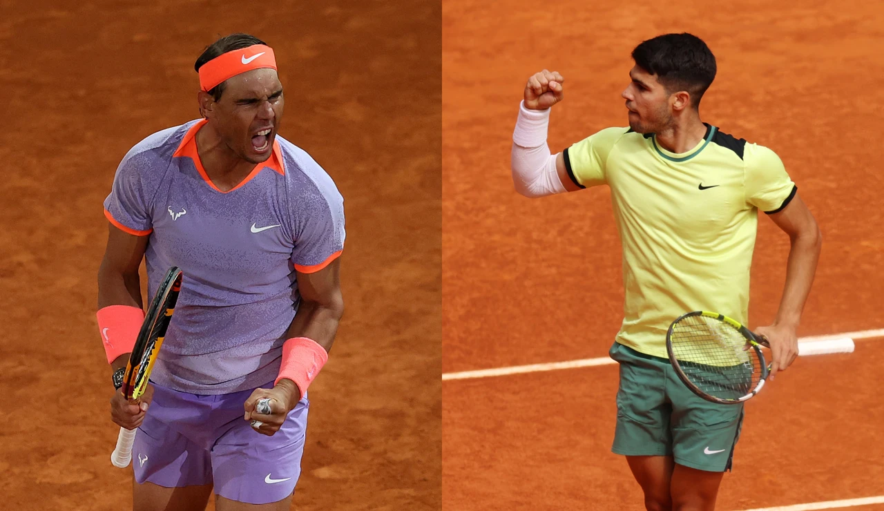 Rafa Nadal y Carlos Alcaraz durante sus partidos en el Mutua Madrid Open 2024 de tenis