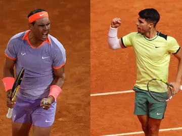 Rafa Nadal y Carlos Alcaraz durante sus partidos en el Mutua Madrid Open 2024 de tenis