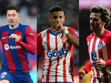 Lewandowski (Barça), Savio (Girona) y Griezmann (Atlético) durante la Liga 2023-2024 Lewandowski (Barça), Savio (Girona) y Griezmann (Atlético) durante la Liga 2023-2024