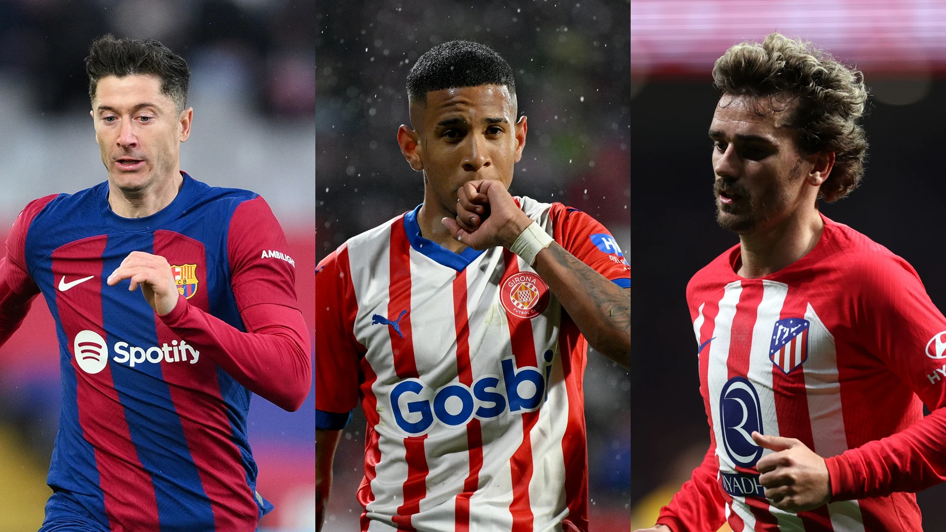 Lewandowski (Barça), Savio (Girona) y Griezmann (Atlético) durante la Liga 2023-2024 Lewandowski (Barça), Savio (Girona) y Griezmann (Atlético) durante la Liga 2023-2024