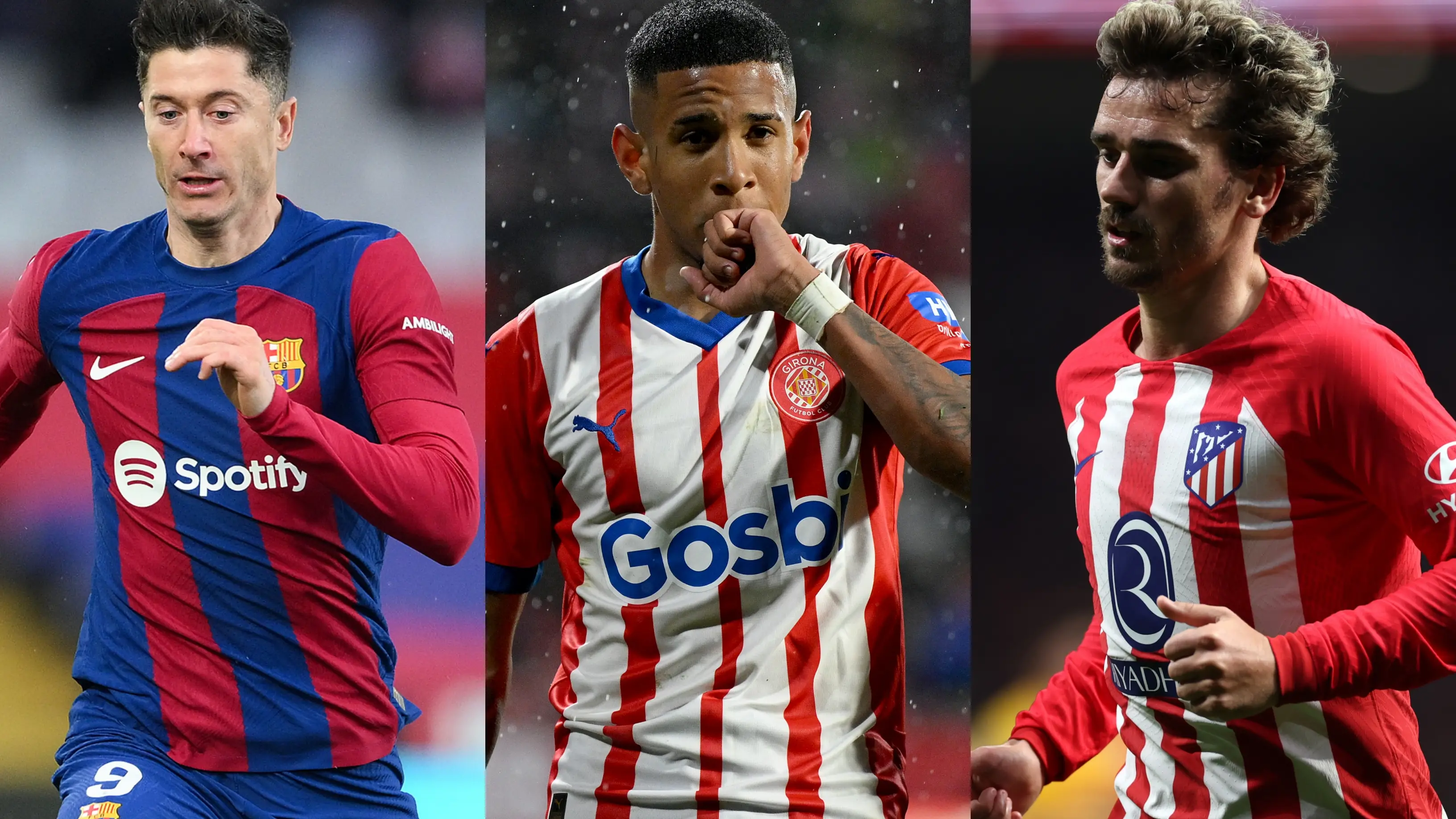Lewandowski (Bar&ccedil;a), Savio (Girona) y Griezmann (Atl&eacute;tico) durante la Liga 2023-2024