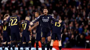 Jude Bellingham reacciona durante el Manchester City-Real Madrid de cuartos de final de Champions League