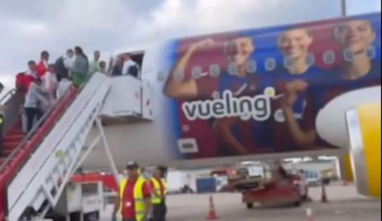 Imagen del avión con publicidad del Barça que ha transportado a aficionados madridistas a Londres