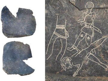 Placa con las escenas de guerreros en el hallazgo del yacimiento tartésico de Casas de Turuñelo
