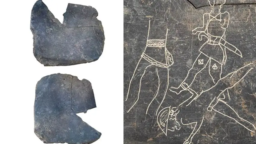 Placa con las escenas de guerreros en el hallazgo del yacimiento tartésico de Casas de Turuñelo Placa con las escenas de guerreros en el hallazgo del yacimiento tartésico de Casas de Turuñelo