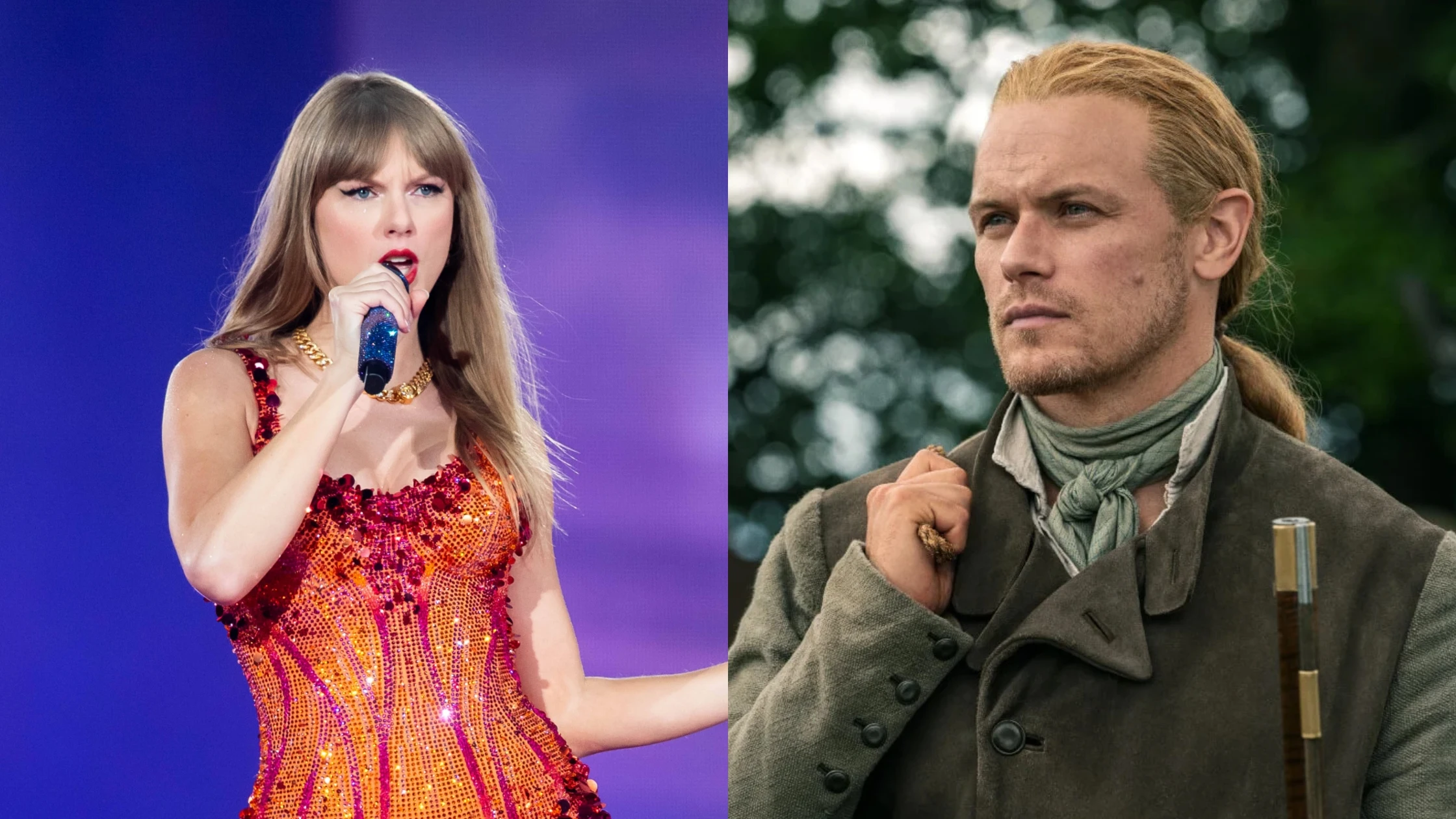Taylor Swift y Sam Heughan caracterizado en Outlander Taylor Swift y Sam Heughan caracterizado en Outlander