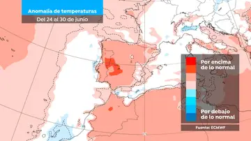 Mapa anomalía temperaturas (del 24 al 30 de junio)