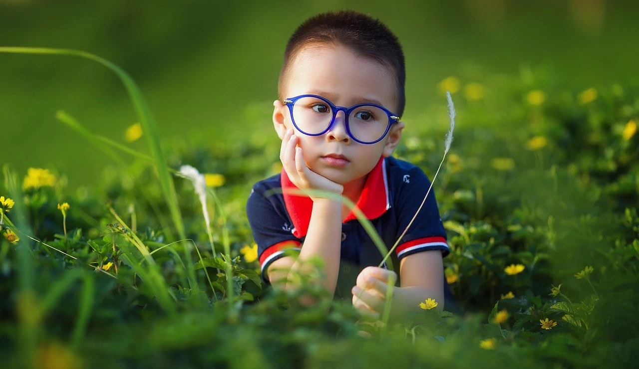 Niño con gafas tumbado en un prado