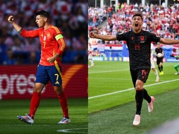 Álvaro Morata y Qazim Laci celebran goles con España y Albania respectivamente