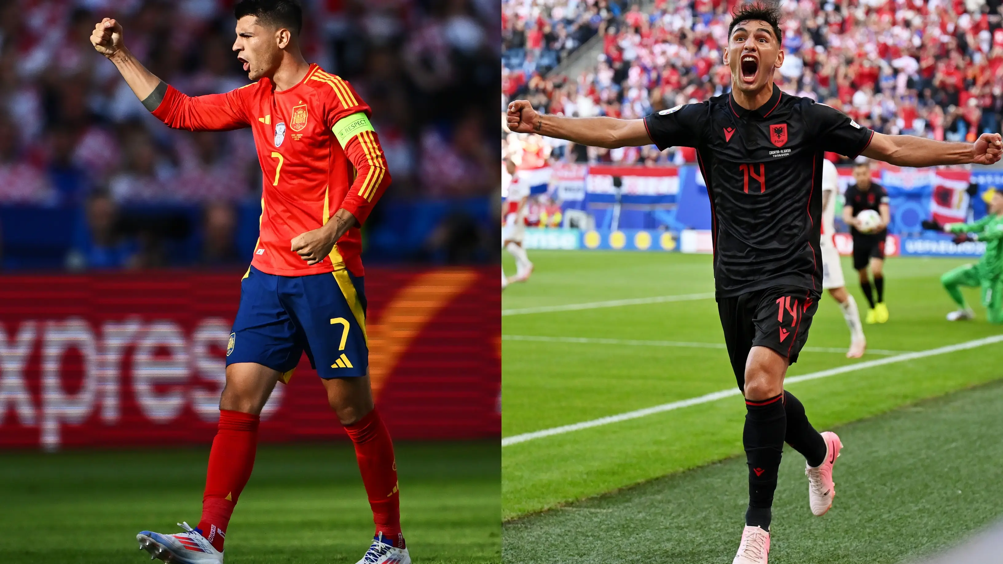 Álvaro Morata y Qazim Laci celebran goles con España y Albania respectivamente Álvaro Morata y Qazim Laci celebran goles con España y Albania respectivamente