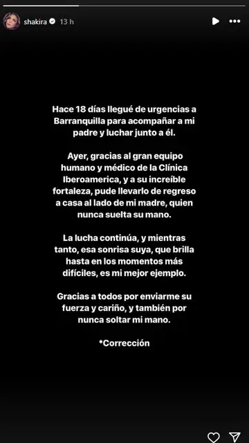 El comunicado de Shakira a través de stories El comunicado de Shakira a través de stories