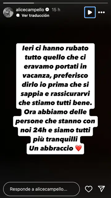 Alice Campello informa de que ha sufrido un robo en sus vacaciones Alice Campello informa de que ha sufrido un robo en sus vacaciones