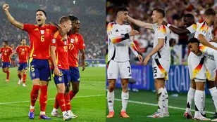 Los jugadores de España y Alemania celebran un gol en sus partidos de octavos ante Georgia y Dinamarca