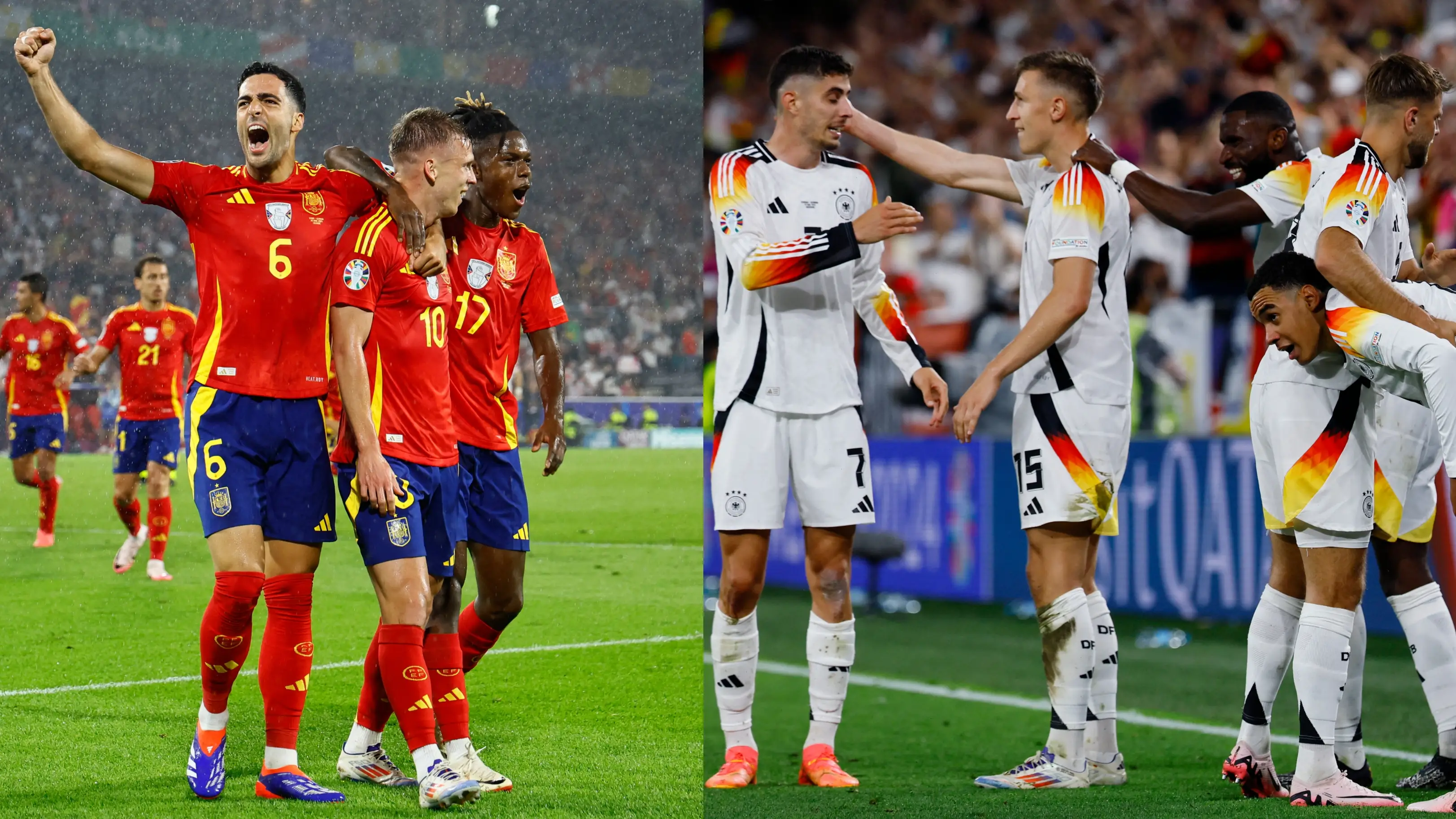 Los jugadores de España y Alemania celebran un gol en sus partidos de octavos ante Georgia y Dinamarca Los jugadores de España y Alemania celebran un gol en sus partidos de octavos ante Georgia y Dinamarca