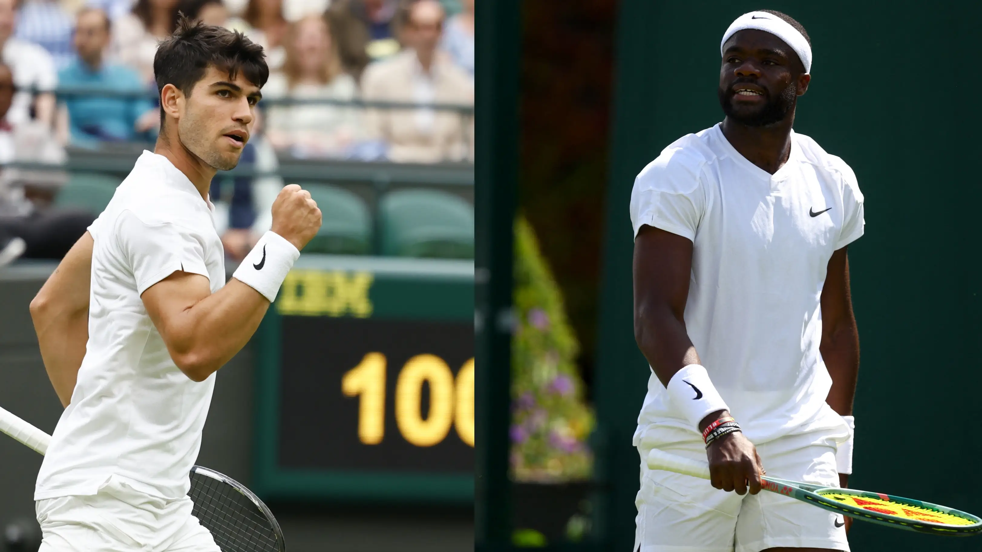 Carlos Alcaraz y Frances Tiafoe, en acci&oacute;n en Wimbledon 2024