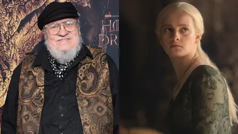 Montaje de George R.R. Martin y Helaena Targaryen en La Casa del Dragón Montaje de George R.R. Martin y Helaena Targaryen en La Casa del Dragón
