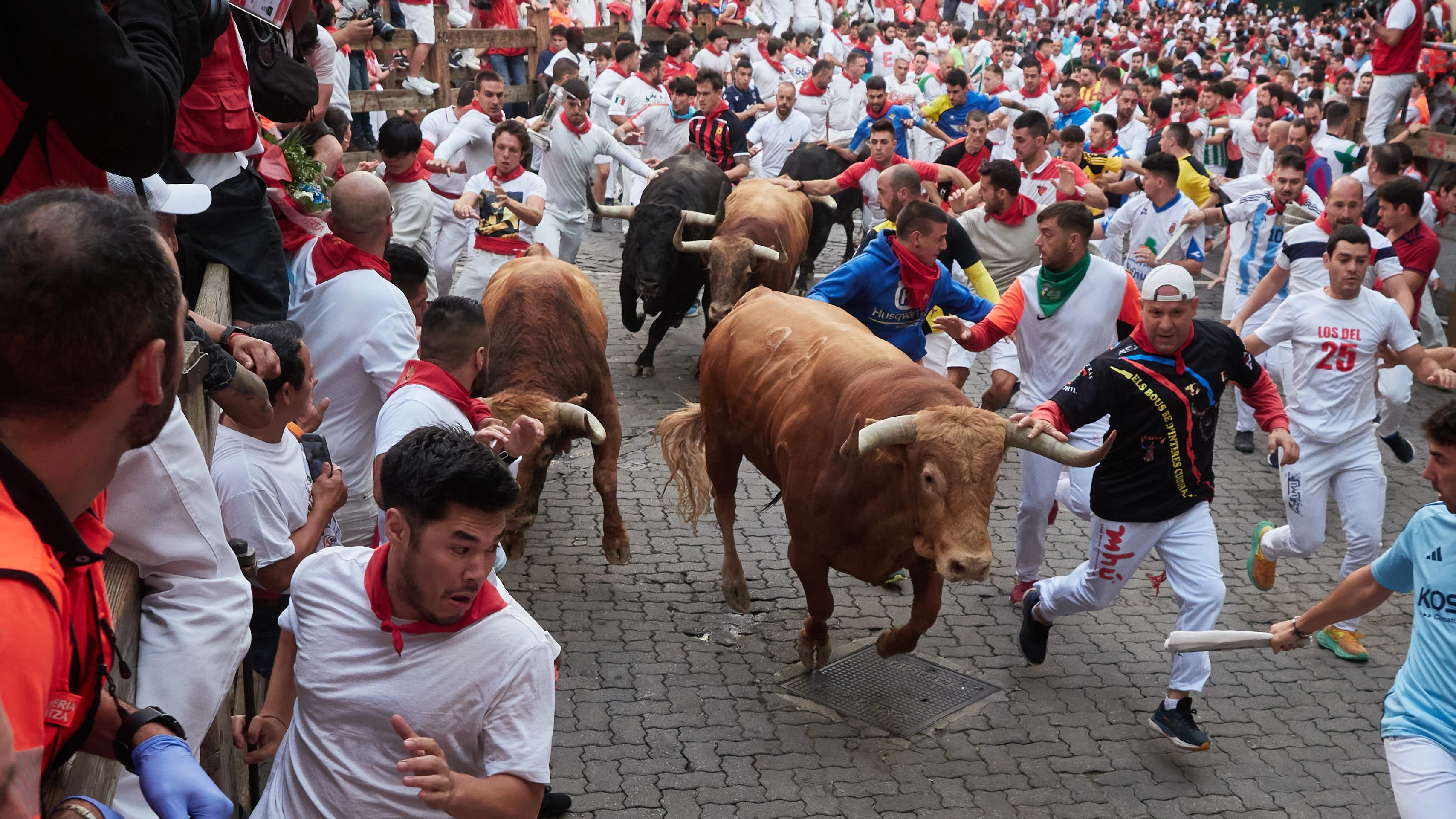 Corredores durante el quinto encierro de los Sanfermines 2024 Corredores durante el quinto encierro de los Sanfermines 2024