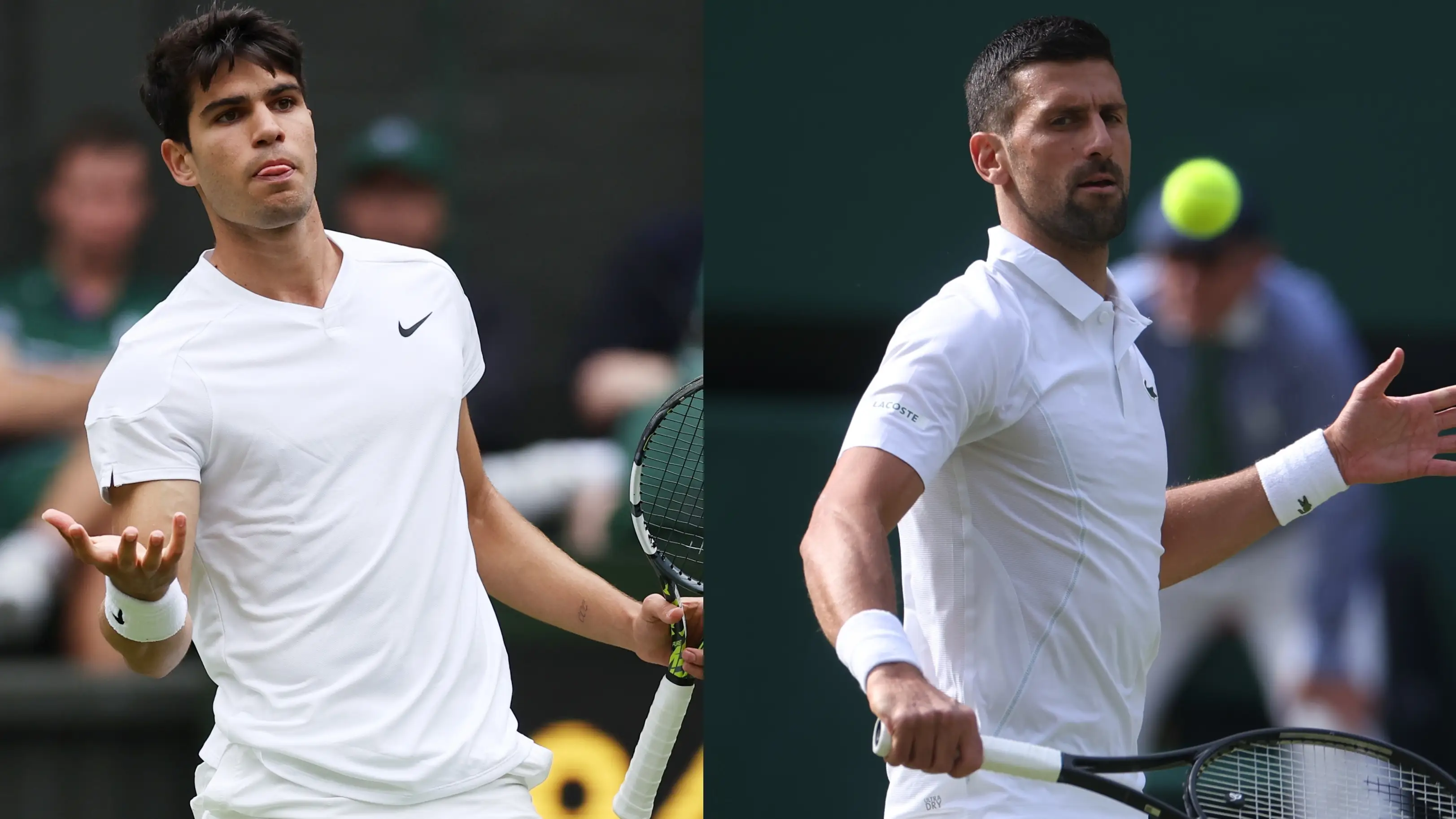 Carlos Alcaraz y Novak Djokovic, en acci&oacute;n en las semifinales de Wimbledon 2024