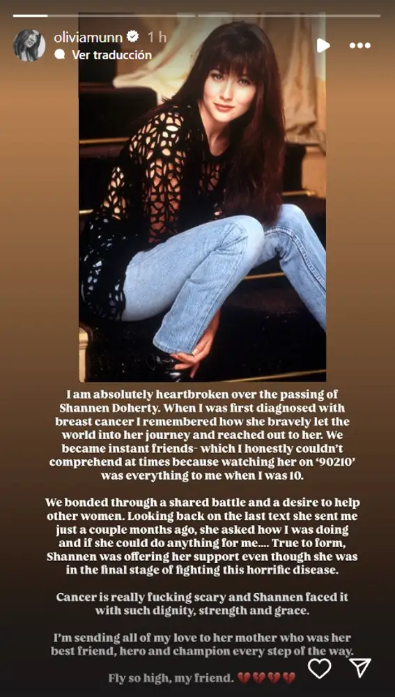 Historia de Instagram de Olivia Munn recordando a Shannen Doherty Historia de Instagram de Olivia Munn recordando a Shannen Doherty