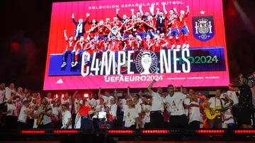 Los jugadores de la Selección Española celebran en el escenario de Cibeles la Eurocopa 2024 ante cientos de miles de aficionados