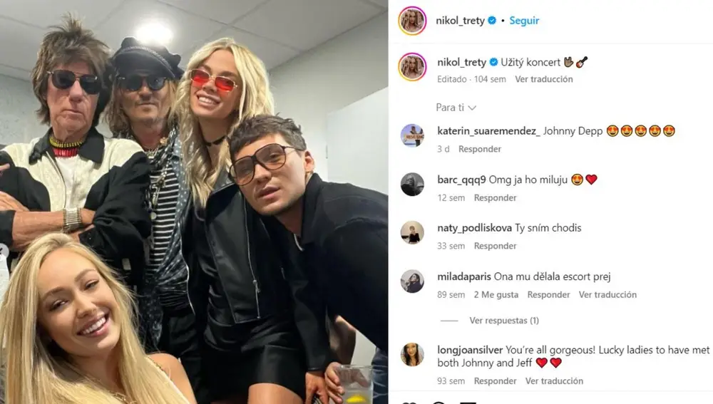 Nikol Treterová junto a Johnny Depp en una publicación de su Instagram