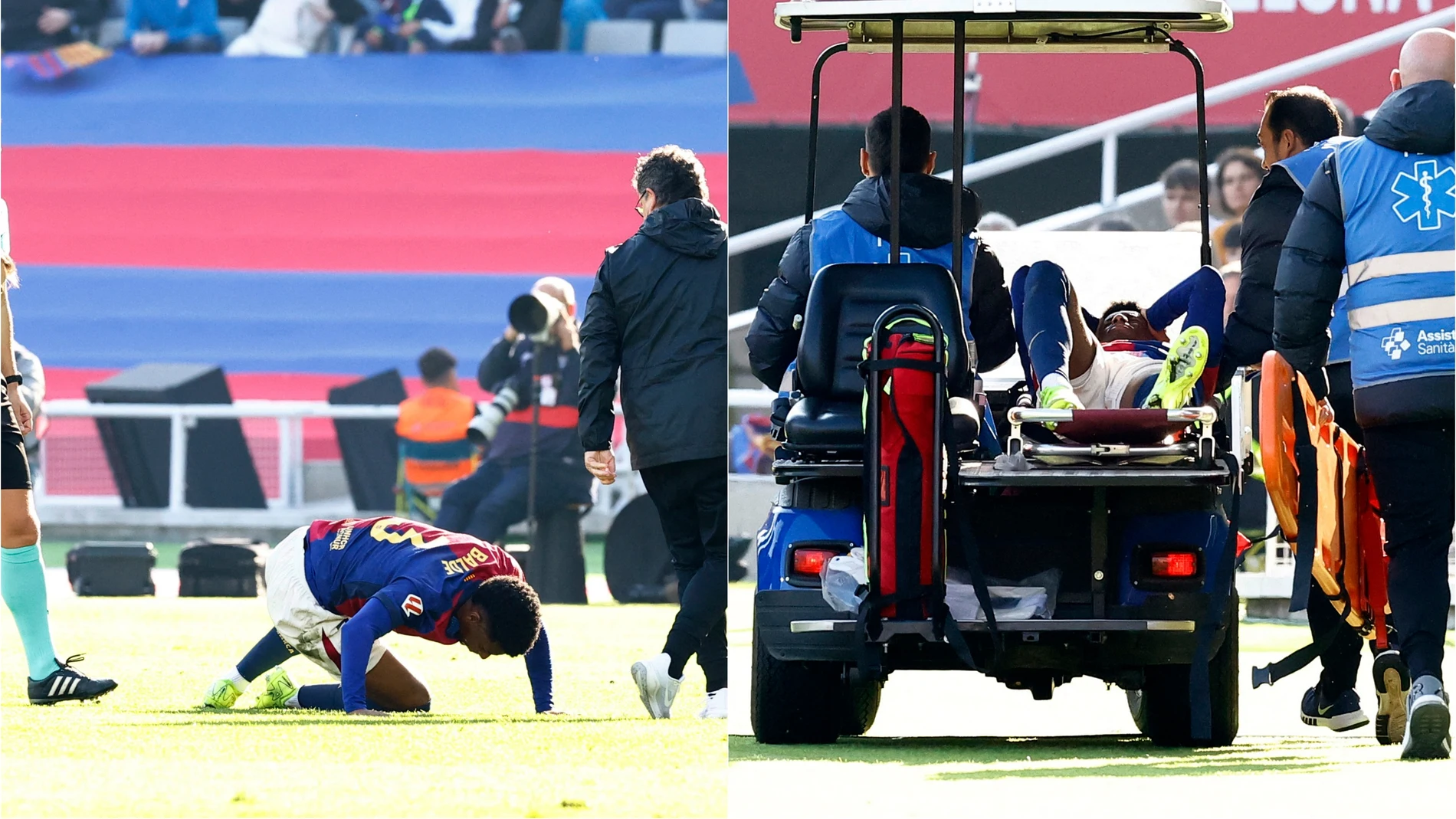 Alejandro Balde, tras el golpe con Sandro en Montjuic Alejandro Balde, tras el golpe con Sandro en Montjuic