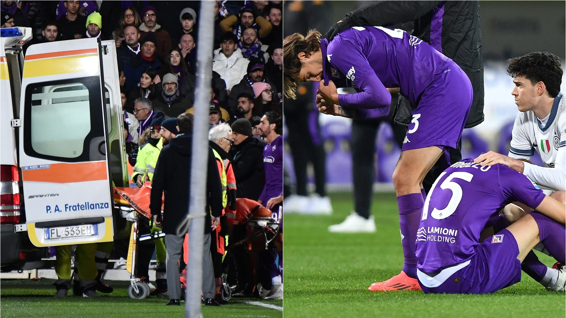 Momento en el que Edoardo Bove es evacuado del campo en ambulancia Momento en el que Edoardo Bove es evacuado del campo en ambulancia