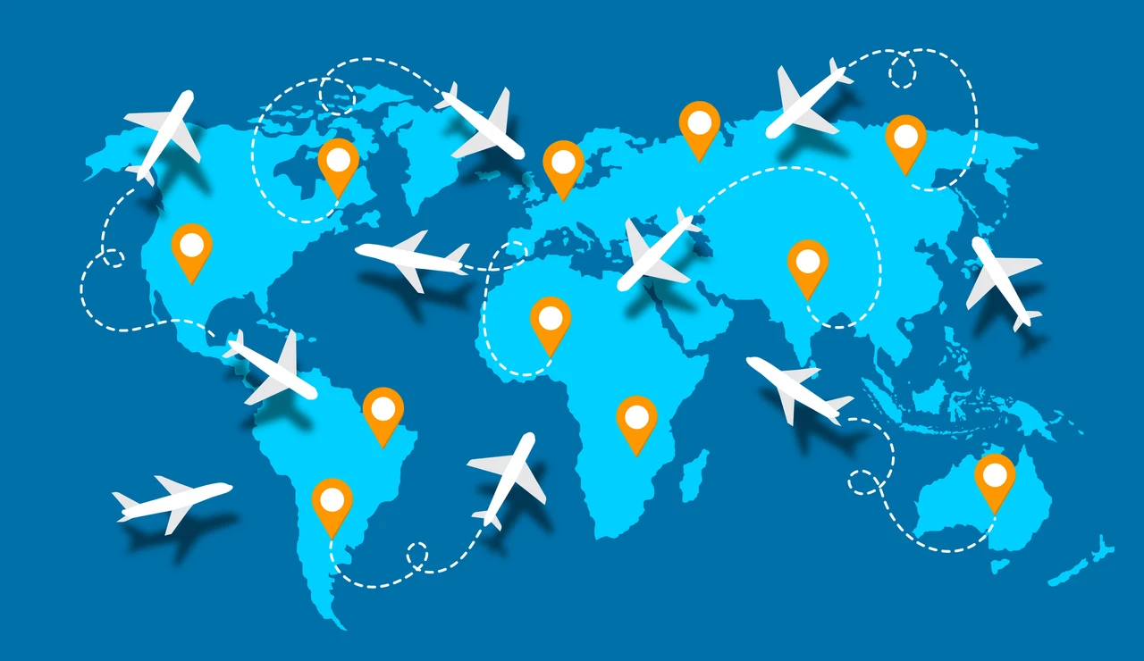 Mapa del mundo con aviones y vuelos