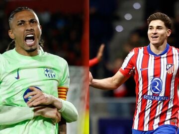 Raphinha y Julián Álvarez celebrando un gol con Barcelona y Atlético de Madrid