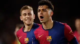 Pedri celebra su gol ante el Atlético de Madrid en Montjuic Pedri celebra su gol ante el Atlético de Madrid en Montjuic