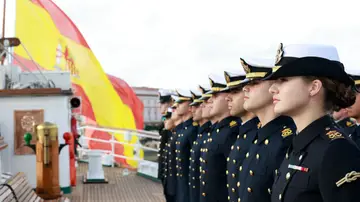Leonor y sus compañeros en la cubierta de Elcano Leonor y sus compañeros en la cubierta de Elcano