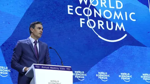 El presidente del Gobierno, Pedro Sánchez, durante su intervención en el Foro Económico Mundial en Davos El presidente del Gobierno, Pedro Sánchez, durante su intervención en el Foro Económico Mundial en Davos