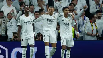 Mbappé celebra su gol junto a Vini y Rodrygo Mbappé celebra su gol junto a Vini y Rodrygo