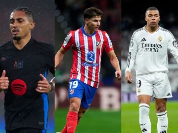 Raphinha (Barcelona), Julián Álvarez (Atlético de Madrid) y Mbappé (Real Madrid)