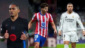 Raphinha (Barcelona), Julián Álvarez (Atlético de Madrid) y Mbappé (Real Madrid)