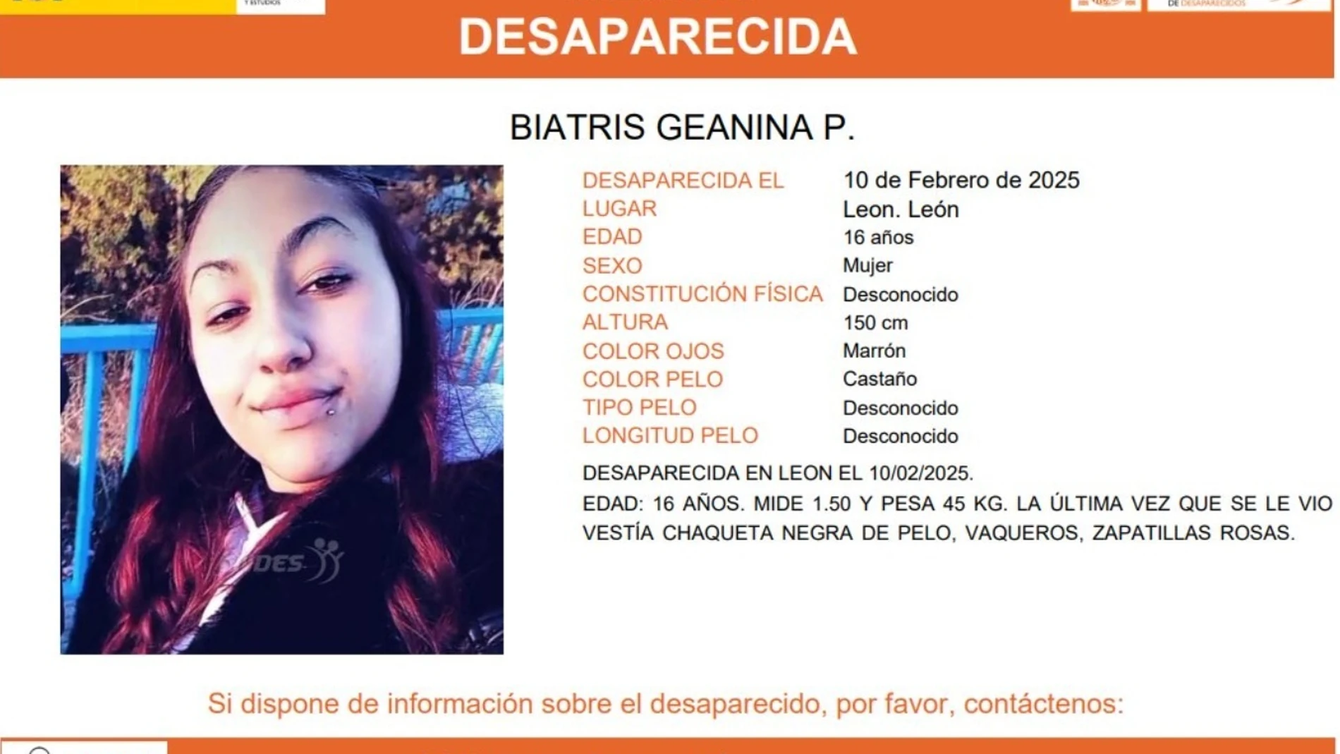 Biatris, una menor de 16 años desaparecida en León Biatris, una menor de 16 años desaparecida en León