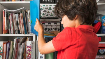 Un niño coloca un libro