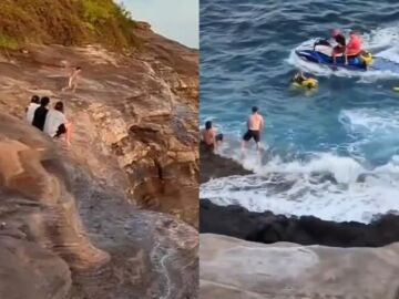 Santiago Bourdieu en el momento del salto y siendo rescatado del agua