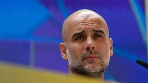 Guardiola, en la Sala de Prensa de Valdebebas Guardiola, en la Sala de Prensa de Valdebebas