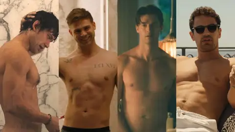Theo James, Will Sharpe, Patrick Schwarzenegger y Leo Woodall en The White Lotus Theo James, Will Sharpe, Patrick Schwarzenegger y Leo Woodall en The White Lotus