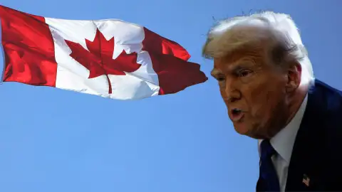 Imagen de archivo de Trump y de la bandera de Canadá. Imagen de archivo de Trump y de la bandera de Canadá.