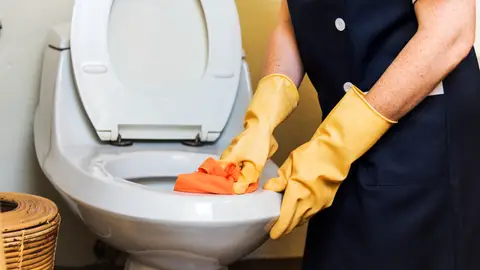 Limpiando el váter con bayeta Limpiando el váter con bayeta