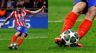 Dos im&aacute;genes del penalti de Juli&aacute;n &Aacute;lvarez ante el Real Madrid