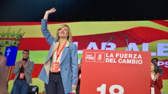 La secretaria general del PSOE de Arag&oacute;n, ministra de Educaci&oacute;n, Formaci&oacute;n Profesional y Deportes y portavoz del Gobierno, Pilar Alegr&iacute;a, durante la inauguraci&oacute;n del 18&ordm; Congreso del PSOE de Arag&oacute;n.