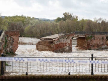 Vista del puente viejo o 'romano' derrumbado por la crecida del río Tajo a su paso por Talavera de la Reina, este domingo. 