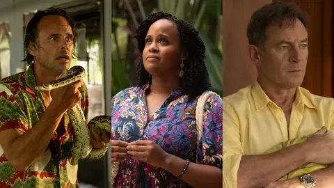 Walton Goggins, Natasha Rothwell y Jason Isaacs en The White Lotus temporada 3 Walton Goggins, Natasha Rothwell y Jason Isaacs en The White Lotus temporada 3