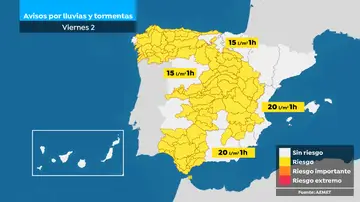 Mapa de avisos por lluvias y tormentas para el viernes 2 de mayo Mapa de avisos por lluvias y tormentas para el viernes 2 de mayo