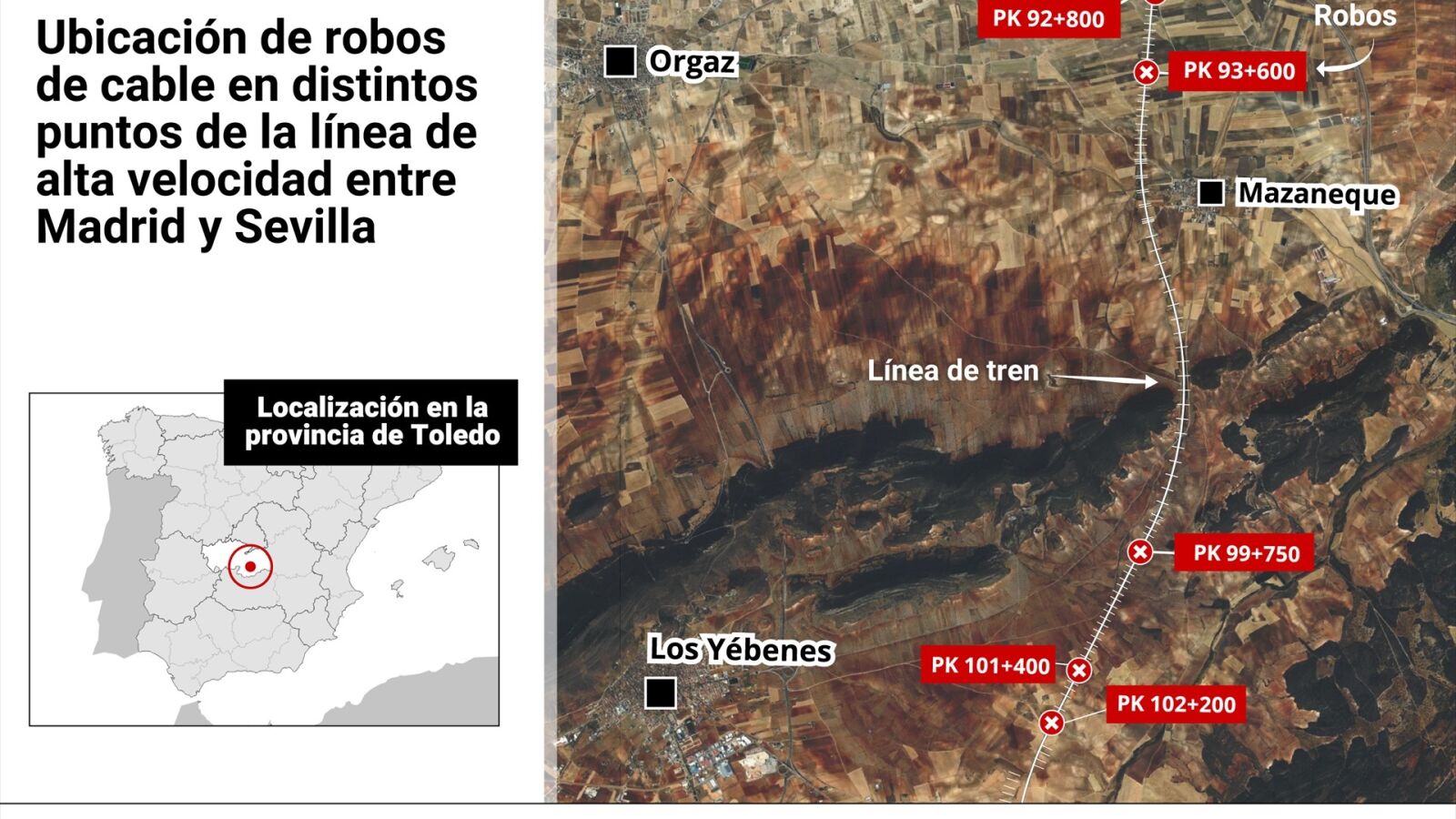 MAPA | Las zonas afectadas por el robo de cable de la línea de AVE Madrid - Sevilla