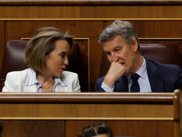 El líder del Partido Popular (PP), Alberto Núñez-Feijóo (d), conversa con la secretaria general del partido, Cuca Gamarra (i)